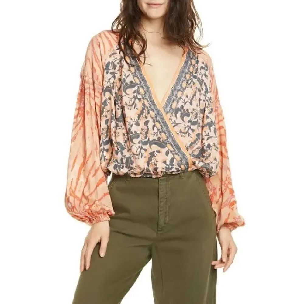 Free People Cruisin Together Peach Pink Gray Floral Faux Wrap Blouse BOHO